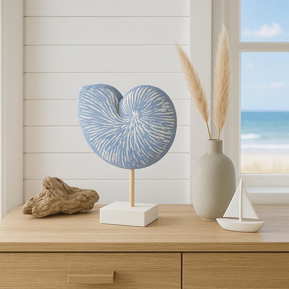 Deko Muschel Holz, Seemuschel - Maritime Dekoration - Meeresdeko blau-weiß - Strandhaus - Badezimmer Deko - Geschenkidee