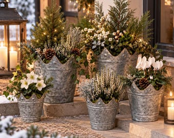 Decorazione natalizia a forma di corona in zinco, vaso da fiori con bordo dorato, vaso natalizio per piante - vaso in metallo per stella di Natale - idea regalo - 4 misure