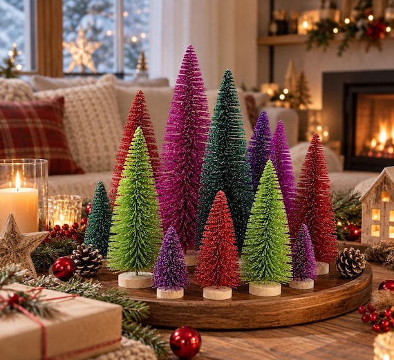 Glitzer Tannenbaum, Deko Weihnachtsbaum mit Holzfuß – Baum mit Glitzer Weihnachten - Winterdeko Wohnzimmer Geschenkidee - 5 Farben