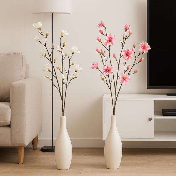 Magnolienzweig künstlich – Seidenblumen - Blütenast naturgetreu in Creme oder Rosa - Deko für Vase, Hochzeit und DIY-Projekte - Geschenkidee