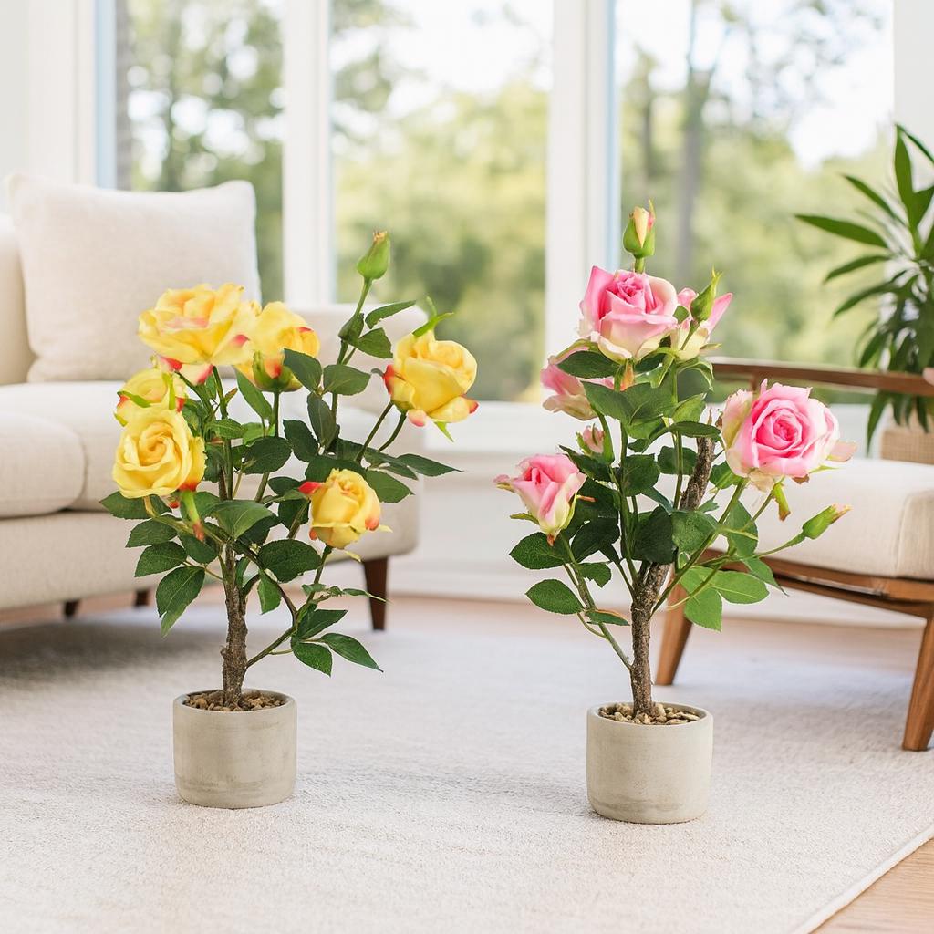 Künstlicher Rosenbaum 62 cm im Topf – Kunstrose im Topf – Rosenstrauch Kunstpflanze – Blumendeko für Wohnzimmer & Sideboard - 3 Farben