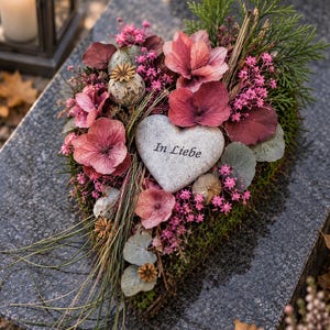 May include: A heart-shaped floral arrangement featuring pink hydrangea blossoms, dried poppy pods, green moss, and evergreen sprigs. A central light gray stone heart is inscribed with the black text In Liebe, surrounded by small pink flowers.