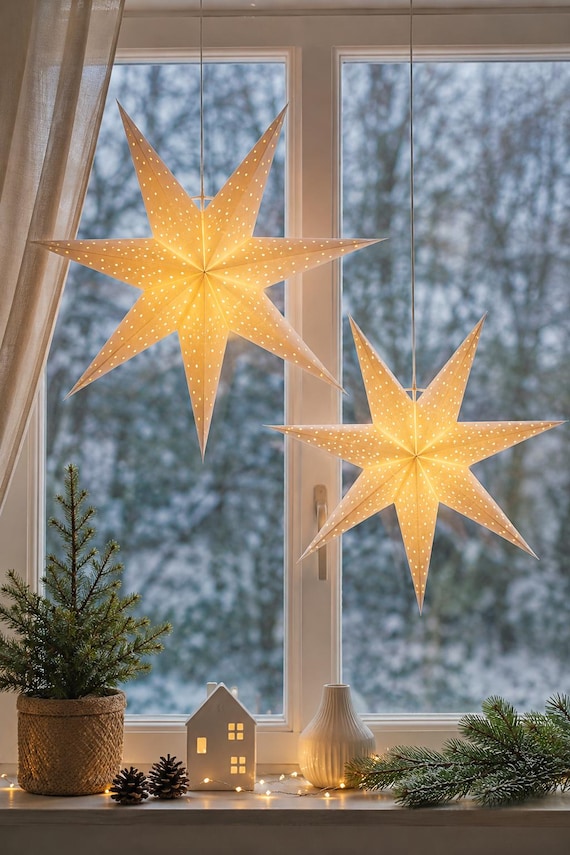 Weihnachtsstern weiß, Papierstern mit Licht – Fensterdeko Weihnachten - Deko Stern zum Aufhängen - Fensterbeleuchtung - Geschenkidee