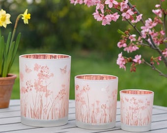 White and pink glass tealight holder with floral motifs - Spring table decoration - Easter garden decoration - Gift idea - 3 sizes