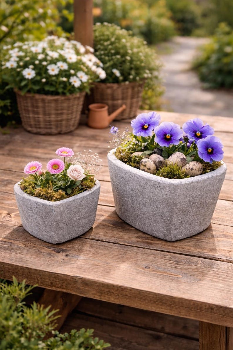 May include: Two heart-shaped gray stone planters filled with colorful flowers and moss sit on a wooden table. One planter has pink and white flowers, the other has purple flowers and small speckled eggs.