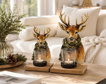 Decorative deer with scarf, Christmas decoration, tealight holder deer - window decoration, country style, deer decoration, Christmas gift idea - 2 sizes