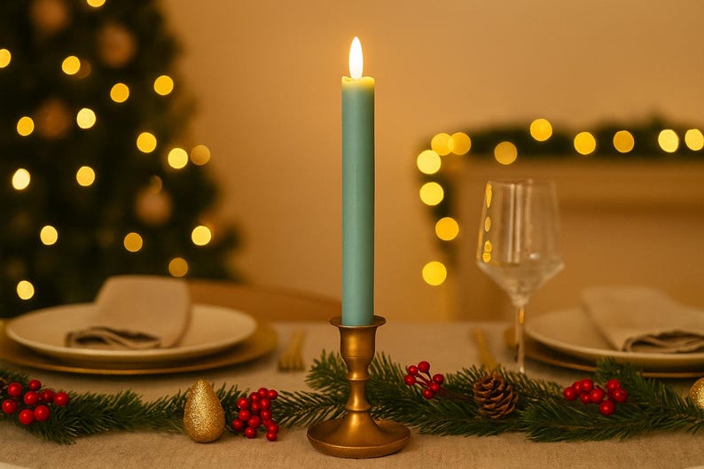 May include: A lit teal candle in a gold candlestick sits on a table set for a holiday meal. The table is decorated with a garland of greenery, red berries, and a gold ornament. A Christmas tree with bokeh lights is in the background.