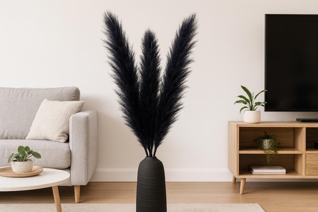 Pampasgras schwarz groß 100 cm, 3er Set getrocknet flauschig, Boho Deko Wohnzimmer, Vase Deko modern, Trockenblumen schwarz