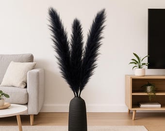 Grote zwarte pampasgrassen, 100 cm, set van 3, gedroogd, pluizig, boho woonkamerdecoratie, moderne vaasdecoratie, zwarte gedroogde bloemen