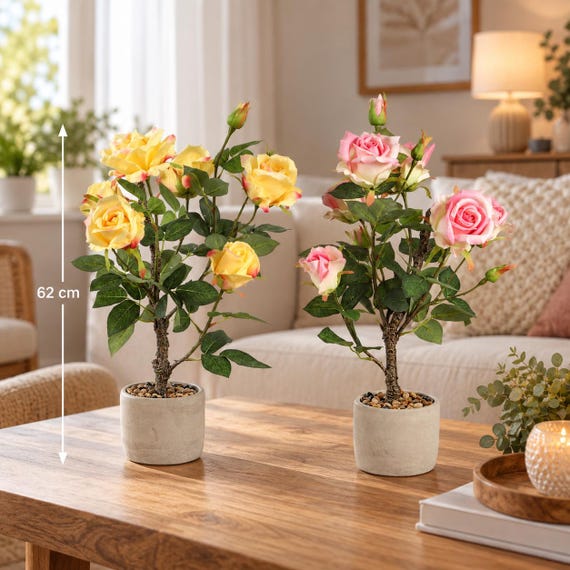 Künstlicher Rosenbaum 62 cm im Topf – Kunstrose im Topf – Rosenstrauch Kunstpflanze – Blumendeko für Wohnzimmer & Sideboard - 3 Farben