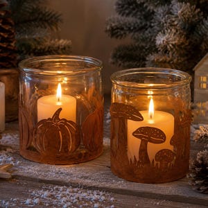 Rostig metalllykta för hösten, Halloweendekoration - Metalllykta med glas-, pumpa- eller svampdesign, höstdekoration, borddekoration, presentidé - 2 storlekar