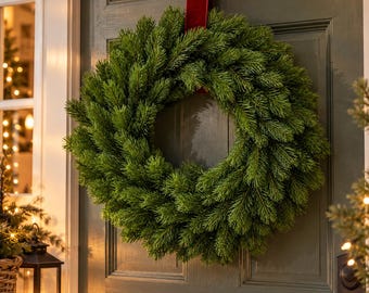 Corona navideña artificial, corona de abeto verde, corona de Adviento, corona navideña para puerta, decoración de invierno, corona de abeto noble – 40 o 50 cm