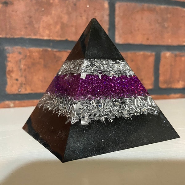 Black, fuschia, aluminum shavings orgone pyramid