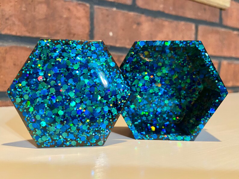Black blue glitter hexagon geometric storage jewelry box