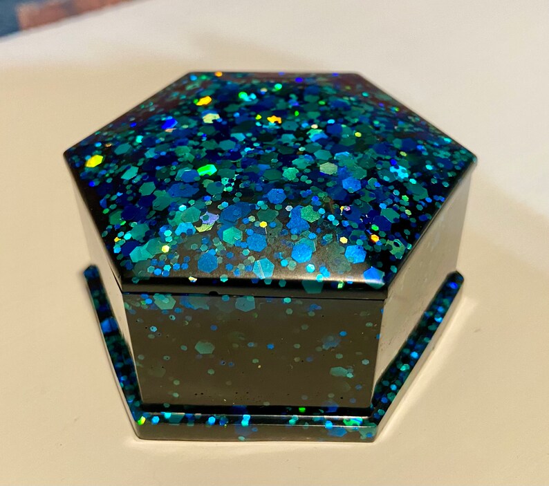Black blue glitter hexagon geometric storage jewelry box