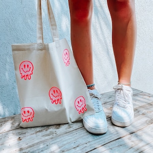 Drippy Smiley Face Tote Bag | Hot Girl Tote Bag | Smiles | Women&#39;s Canvas Tote Bag | Shopping Bag | Minimalist Canvas Bag