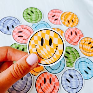 Wavy Checkered Smiley Face Stickers | Waterproof Stickers | Laptop Sticker | Water Bottle Sticker