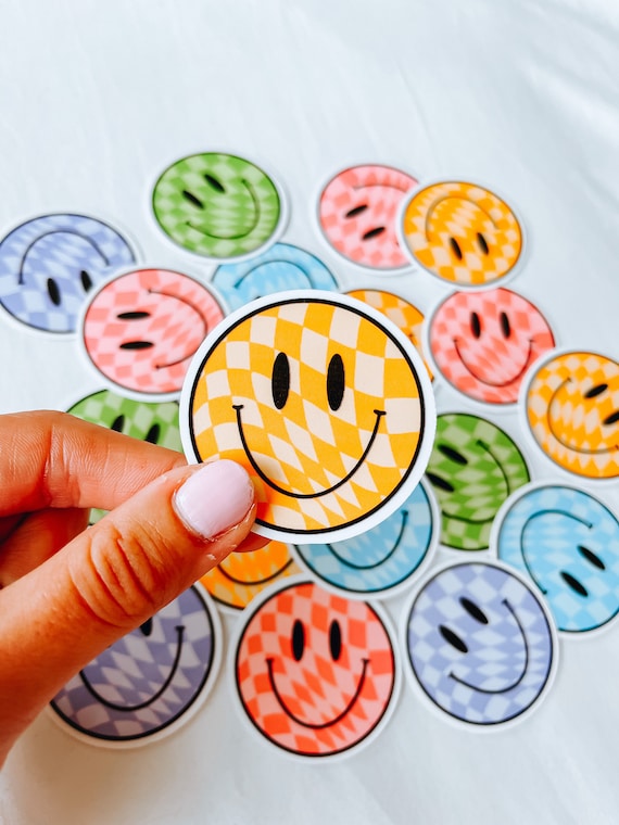 Wavy Checkered Smiley Face Waterproof Sticker: Laptop, Water Bottle (2" x 2")