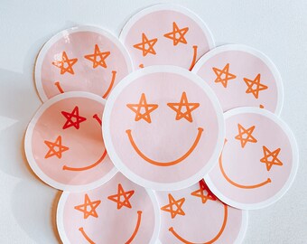 Adesivo con faccina sorridente e occhi a stella: adesivo impermeabile fustellato per laptop