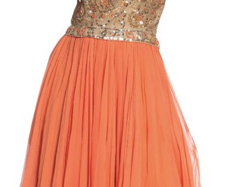 1960s Beaded Pat Sandler Silk Chiffon Tangerine Orange Dress