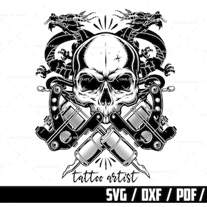 Schädel Tattoo SVG, Tattoo Maschine SVG, Tattoo Studio svg, gekreuzte Tattoo Maschine svg, digitaler Download