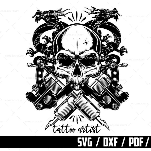 Skull Tattoo Svg, Tattoo Machine Svg, Tattoo Studio Svg, Crossed Tattoo Machine Svg, Digital Download