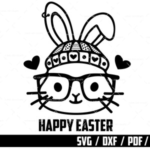 Cute Bunny With Glasses, Happy Easter Bunny SVG, Rabbit SVG, Bunny Outline SVG, Digital Download