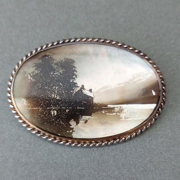 original solid silver brooch  Norwegian mother of pearl silhouette scene 1930's rare investment jewellery