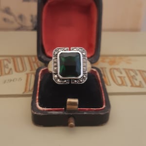 Silver marcasite, art deco 1920&#39;s style large square ring, victorian style, sapphire style ring, emerald style ring