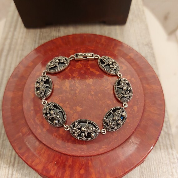 Bracelet Art Déco En Argent 925 Avec Onyx, Nacre Et Marcassites - Occasion En Bon état, à Nettoyer, Pièce Unique Et Vintage