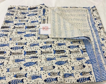 Beautiful Fish Print Kantha Quilt,Indian Hand Block Print Kantha Quilt,Reversible Cotton Bedding Bedspread Twin Size Vintage Kantha Gudri