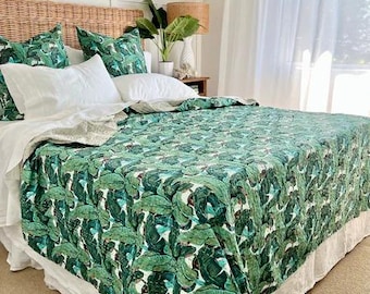 Kantha Green Leaf Quilt Indian Kantha Bedspread Bedding Bedcover Throw Twin Bed, Queen bed, King Bed