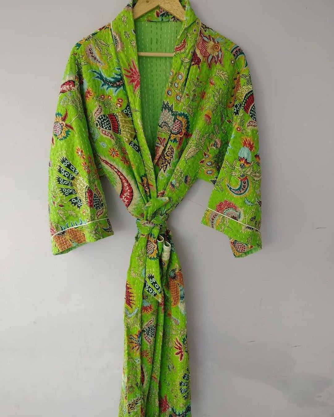 Green Kantha Floral Print Kimono Robe Kantha Kimono Stitched - Etsy