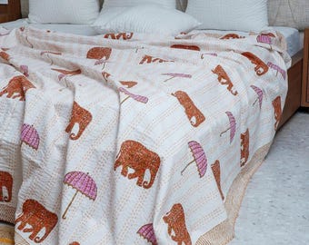 Orange Elephant Umbrella Block Printed Kantha Bedcover