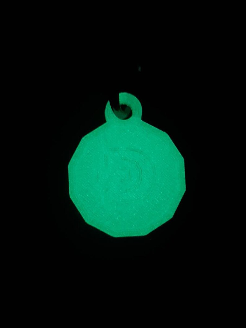 May include: A green glow-in-the-dark plastic tag with a rounded octagonal shape and a hole at the top for attaching a string or chain.