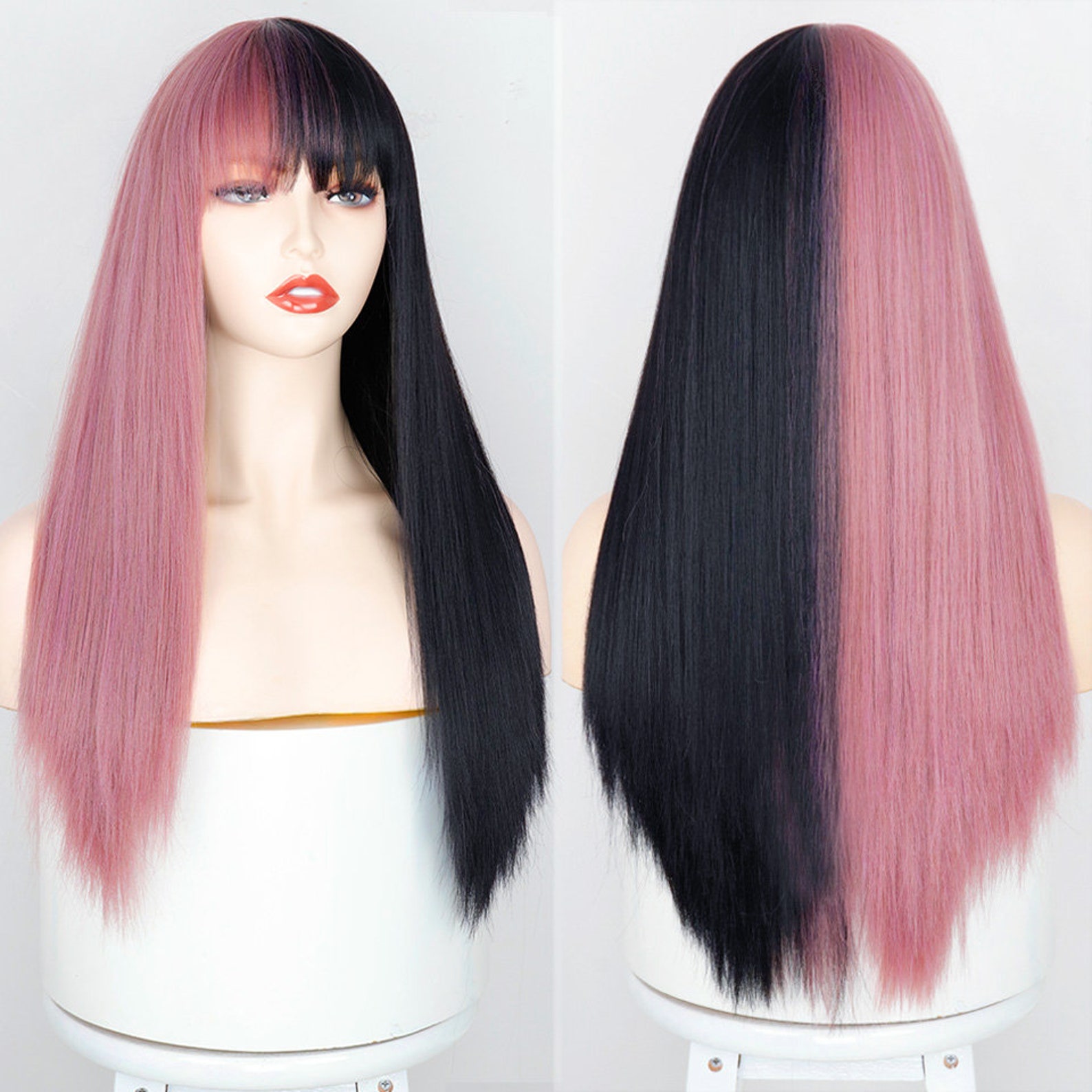 Pink and Black Wig Long Straight hair Cosplay Wig Two Tone Etsy