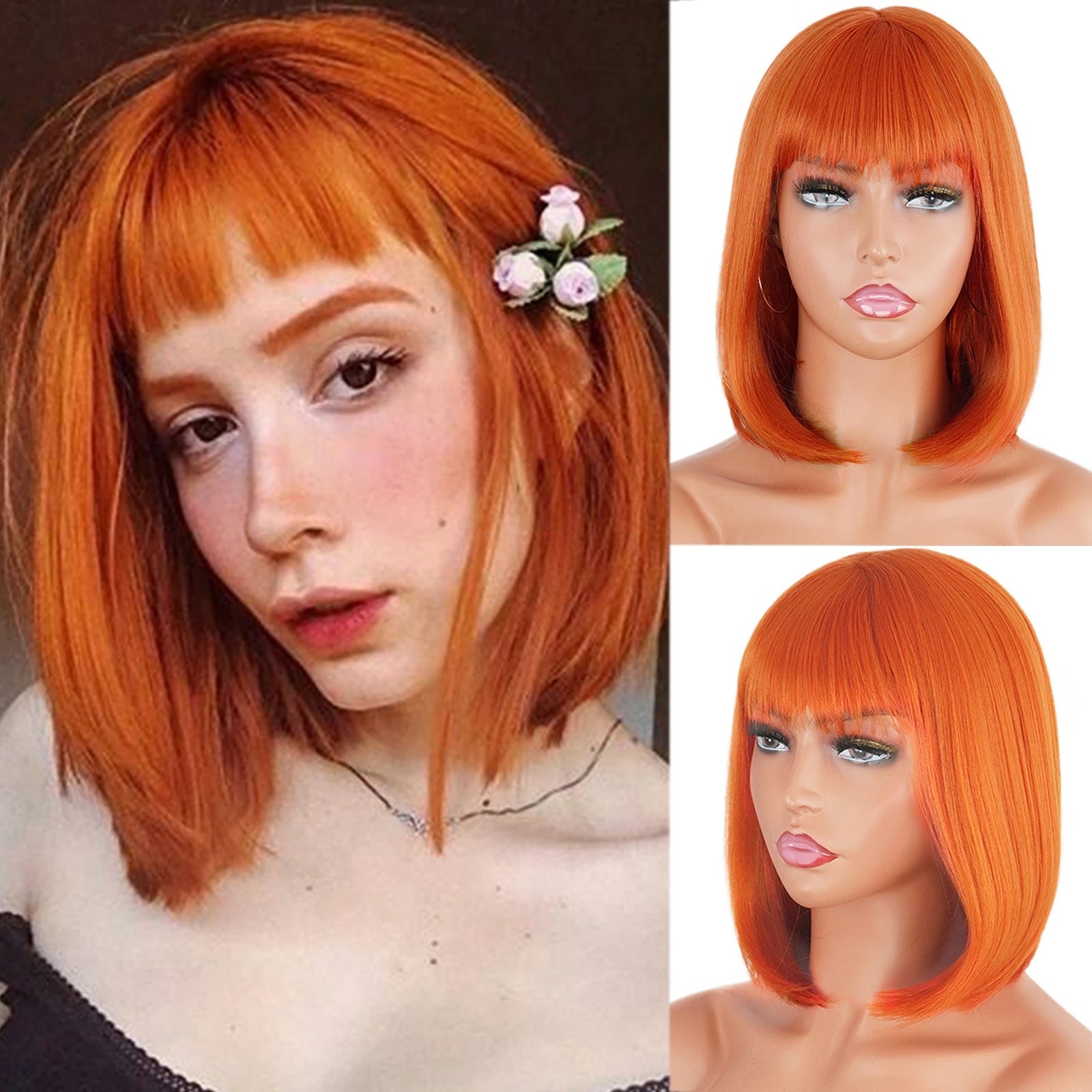 Short Orange Bob Wig With Bangs for Girl Synthetic Bob Wigs Etsy UK