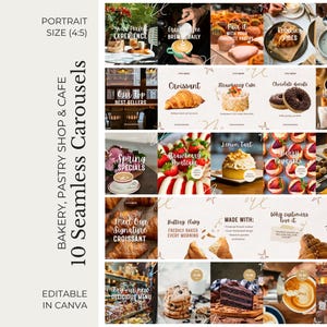 May include: A digital marketing template set for a bakery and cafe featuring ten seamless carousel designs. The layout includes various food photography images of croissants, cakes, donuts, and coffee, with text overlays like "Croissant" and "Spring Specials."