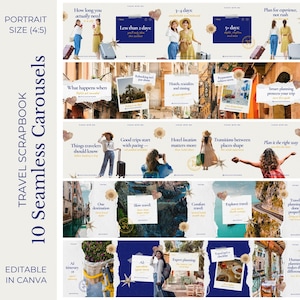 Peut inclure: Un produit numérique avec 10 carrousels de scrapbooking de voyage sans couture, modifiables dans Canva. Chaque diapositive de carrousel propose des conseils de voyage, avec du texte tel que "Combien de temps avez-vous réellement besoin" et "Planifiez l'expérience, pas la précipitation."