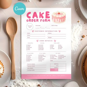 Bewerkbare sjabloon Taartbestelformulier, schattig roze bakkerijbedrijfsformulier Aangepaste afdrukbare canvassjabloon voor taartbestelling
