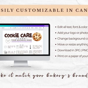 K&ouml;nnte beinhalten: Ein Computermonitor zeigt eine anpassbare Canva-Vorlage f&uuml;r eine B&auml;ckerei. Die Vorlage enth&auml;lt den Text "COOKIE CARE" und eine Grafik eines Schokoladen-Chip-Kekses. Anweisungen sind auf der rechten Seite des Bildschirms aufgef&uuml;hrt.