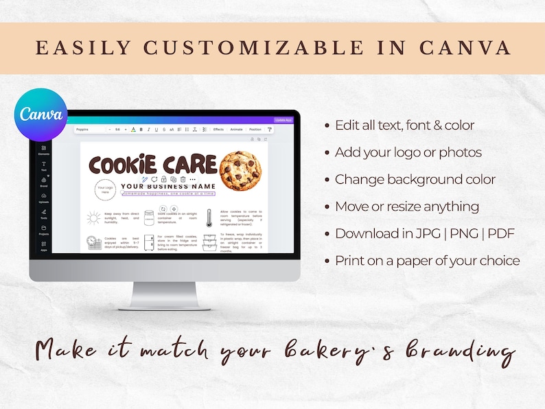 K&ouml;nnte beinhalten: Ein Computermonitor zeigt eine anpassbare Canva-Vorlage f&uuml;r eine B&auml;ckerei. Die Vorlage enth&auml;lt den Text "COOKIE CARE" und eine Grafik eines Schokoladen-Chip-Kekses. Anweisungen sind auf der rechten Seite des Bildschirms aufgef&uuml;hrt.