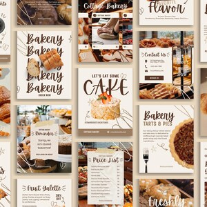 May include: A collection of social media templates for a bakery featuring various baked goods like cakes, croissants, tarts, and pies. The designs include text such as Bakery, Let's Eat Some Cake, and Price List, with a neutral color palette.