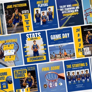 May include: A collection of basketball-themed social media templates featuring blue and yellow color schemes. The designs include player profiles, game schedules, stats, and score updates with text like Game Day, Stats, and The Starting 5.