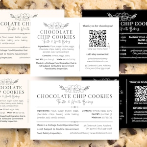 May include: A collection of rectangular labels for chocolate chip cookies. The labels feature the text "Chocolate Chip Cookies" and ingredient lists. Some labels are black and white, while others are cream-colored. The labels include a QR code and contact information.