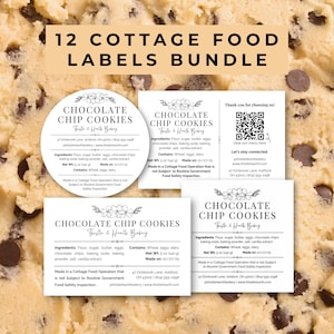 May include: A bundle of 12 cottage food labels for chocolate chip cookies. The labels are white with black text and a floral design. The labels include the name of the bakery, ingredients, net weight, and a QR code.