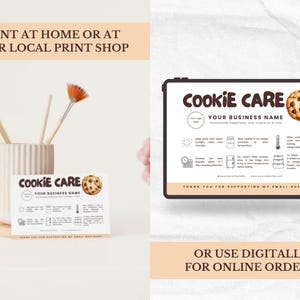 K&ouml;nnte beinhalten: Ein digitaler Cookie-Pflegeleitfaden mit dem Text "COOKIE CARE" und "YOUR BUSINESS NAME". Der Leitfaden enth&auml;lt Anweisungen zur Aufbewahrung und Pflege von Cookies. Das Bild zeigt auch einen Keks und einen Stifthalter mit Kunstbedarf.