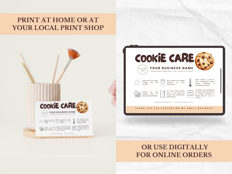 K&ouml;nnte beinhalten: Ein digitaler Cookie-Pflegeleitfaden mit dem Text "COOKIE CARE" und "YOUR BUSINESS NAME". Der Leitfaden enth&auml;lt Anweisungen zur Aufbewahrung und Pflege von Cookies. Das Bild zeigt auch einen Keks und einen Stifthalter mit Kunstbedarf.