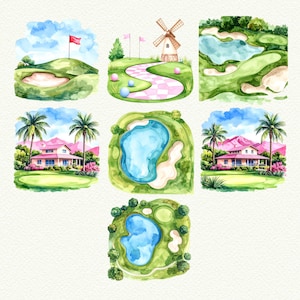 May include: Watercolor illustrations of golf course scenes. The images depict various views of golf courses, including greens, sand traps, water hazards, and a windmill. The color palette includes shades of green, blue, pink, and white, creating a vibrant and inviting aesthetic.