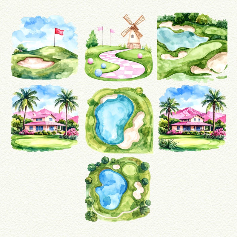 May include: Watercolor illustrations of golf course scenes. The images depict various views of golf courses, including greens, sand traps, water hazards, and a windmill. The color palette includes shades of green, blue, pink, and white, creating a vibrant and inviting aesthetic.